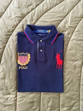 POLO by Ralph Lauren Navy Polo Shirt with Red Big Pony Logo, Gold Flag Crest